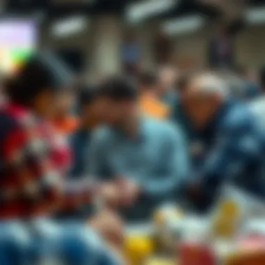 A vibrant community gathering discussing lottery and betting trends.